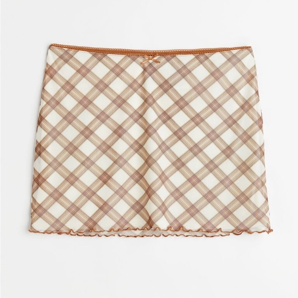 H&M Stretchy Plaid Light Brown Mini Skirt with Bow on Waistband - Picture 1 of 1